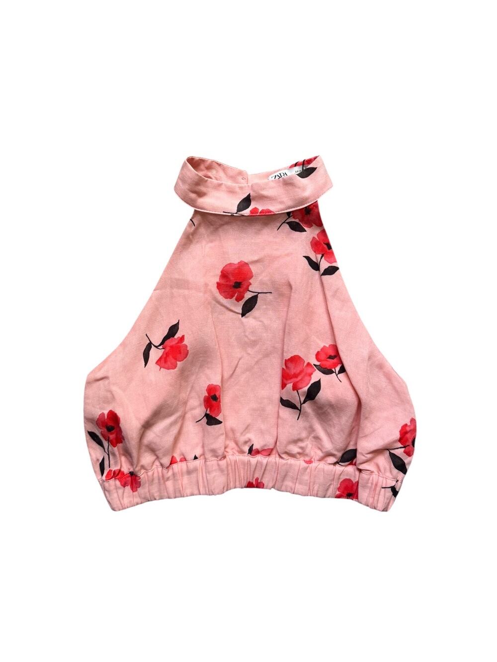 ZARA Pink Halter Crop Top High-Neck Linen-Blend Pink Floral - NWT - Size Med
